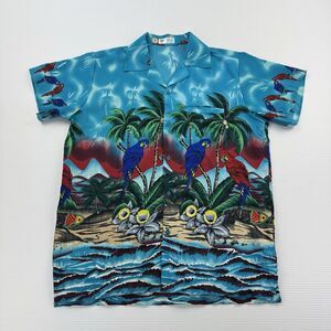 VHO Hawaiian Shirt Mens L Blue Parrot Palm Tree Surfboard Tropical Camp
